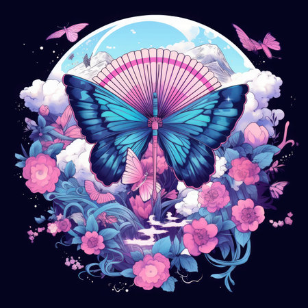 Vector illustration of a butterfly on the background of flowers and butterflies.の素材