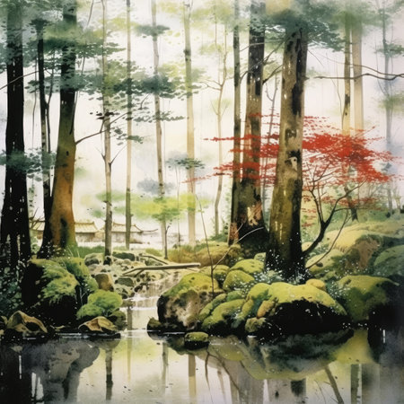 Watercolor Japanese garden with a pond and trees.の素材