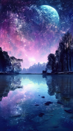 Fantasy landscape with a lake, trees and a milky wayの素材