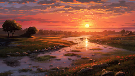 Beautiful sunset over the river in the countryside.の素材