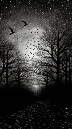 Black and white illustration of a night sky full of stars and flying birdsの素材