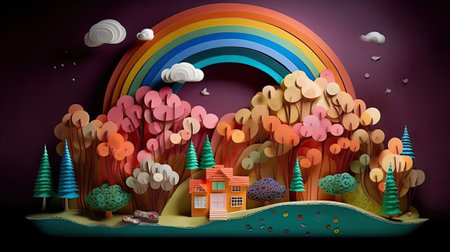 Rainbow over the forest and houses. Paper art style illustration.の素材