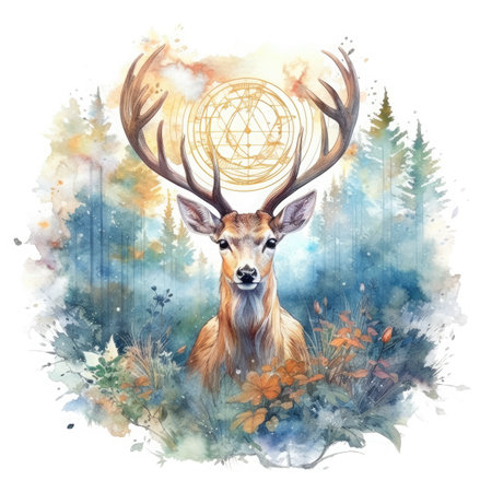 Watercolor deer with antlers in the forest.の素材