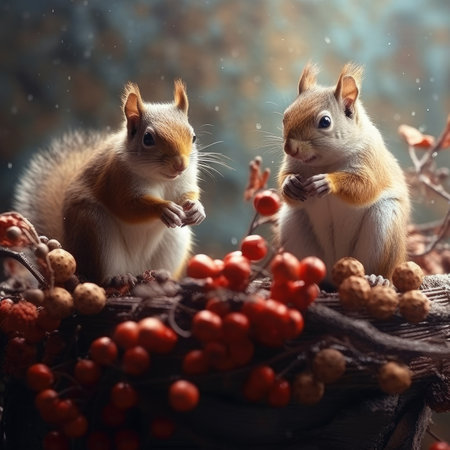 Two cute squirrels sitting on a tree branch in the forest.の素材
