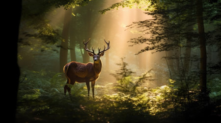 Beautiful red deer in the forest with sunbeams and fogの素材
