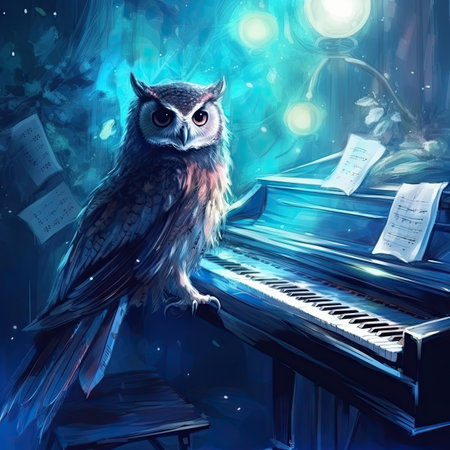 Owl sitting on a piano and playing music.の素材