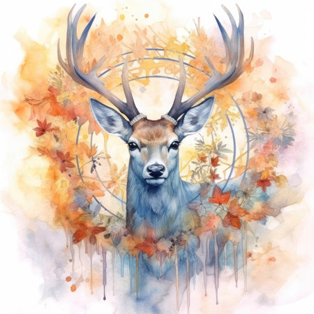 Watercolor portrait of a deer with antlers and autumn leaves.の素材
