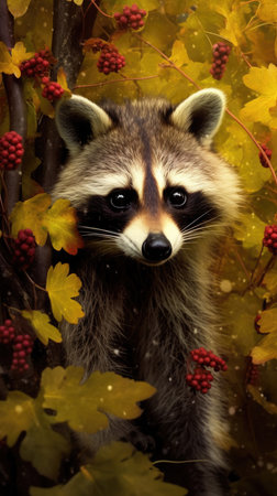 Portrait of a raccoon on a background of autumn leaves.の素材