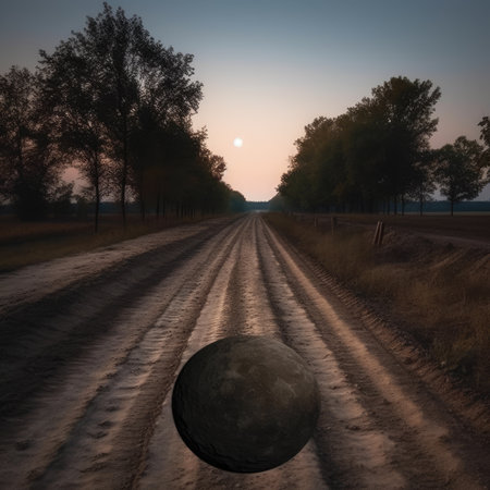 Sunset over a rural road with a ball in the foreground.の素材