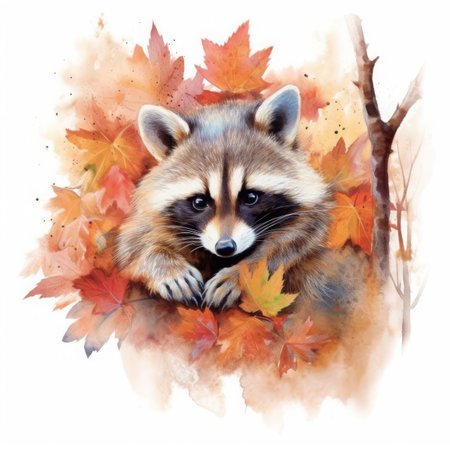 watercolor portrait of a raccoon on a background of autumn leavesの素材