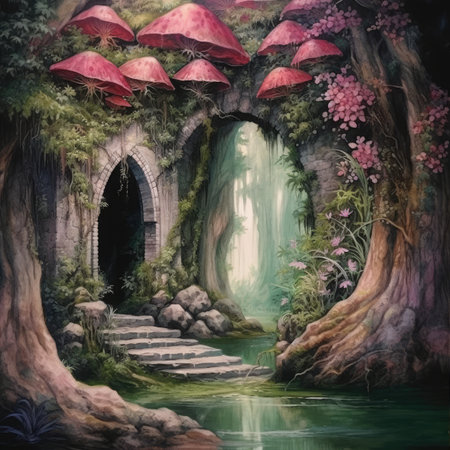 Watercolor Fantasy forest with waterfall in the background.の素材