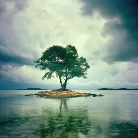 Lonely tree on a small island in the middle of the seaの素材
