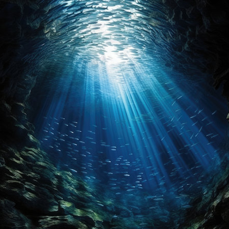 Underwater view of a school of fish swimming in the sea.の素材