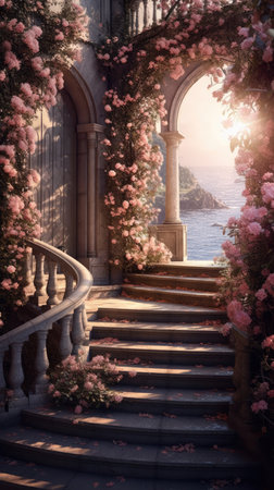 Staircase leading to the sea with pink flowers.の素材