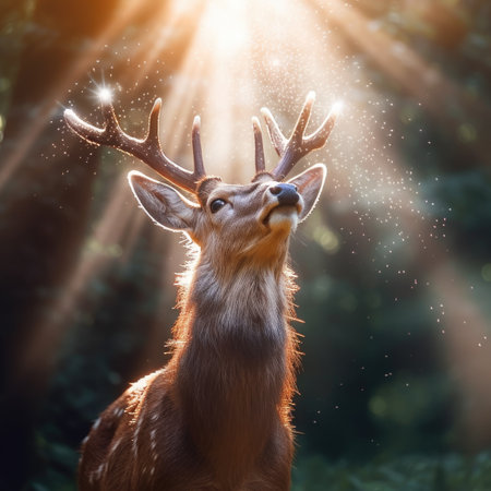 Portrait of a deer with antlers in the forest at sunsetの素材