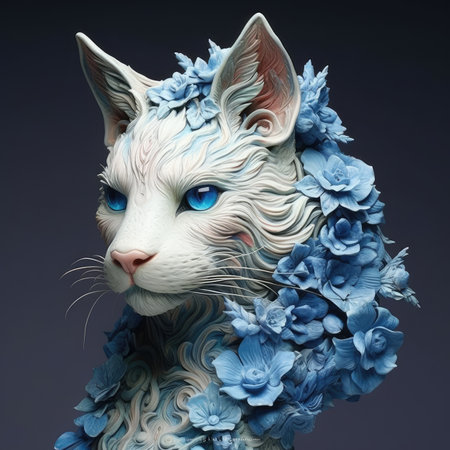 Fairy tale cat with blue eyes and flowers.の素材