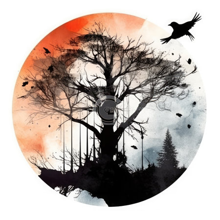 Watercolor silhouette of a tree with a swing and a crow.の素材