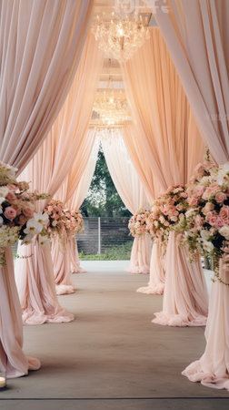 Wedding arch decorated with pink fabric and flowers. Wedding ceremonyの素材