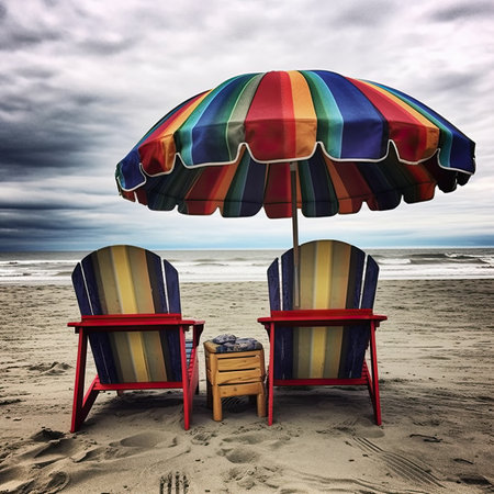 Beach chairs and umbrella on the beach under dramatic sky with cloudsの素材