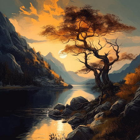 Beautiful landscape with lake and mountains in the backgroundの素材