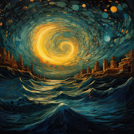 Illustration of the city and sea at night.の素材
