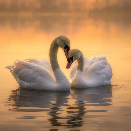 Two swans on the lake at sunset.の素材