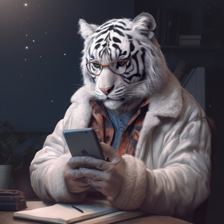 Portrait of a white tiger with glasses using a smartphone at homeの素材