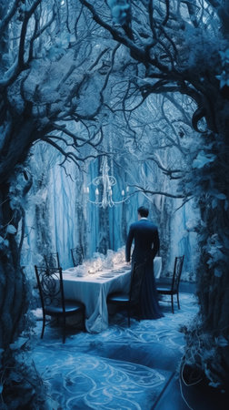 Bride and groom at the wedding table in a dark forestの素材