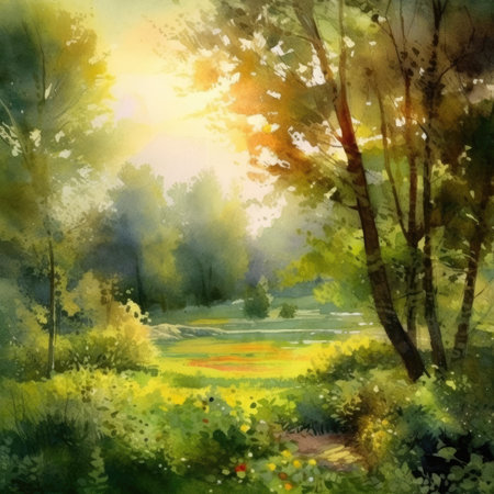 Watercolor Beautiful summer landscape. Nature background.の素材