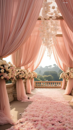 Wedding arch decorated with pink fabric and flowers on the balconyの素材