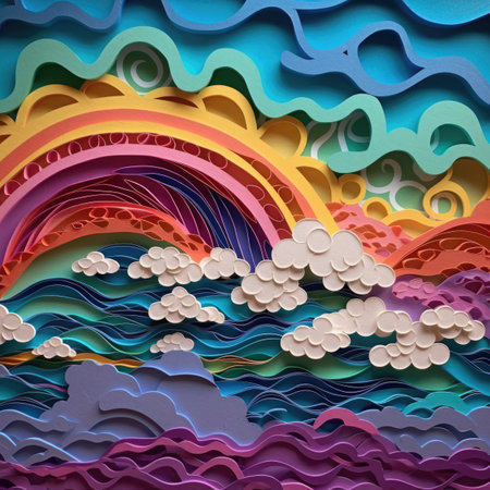 Paper art style. Colorful paper cut background. Abstract waves and clouds.の素材