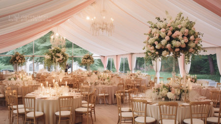 Wedding Banquet Table Decorated with Flowers and Tableclothの素材