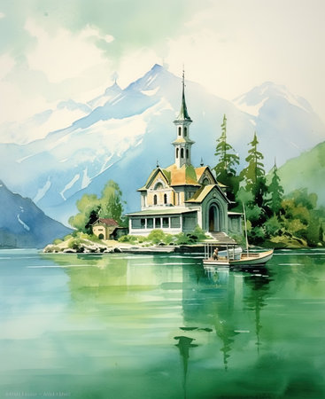 Landscape with church on lakeの素材