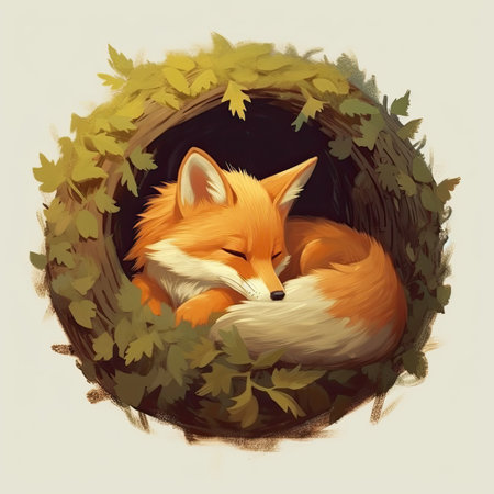 a fox in a nest made of leavesの素材