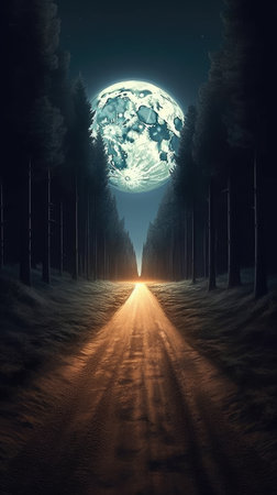 Fantasy landscape with road and full moon.の素材