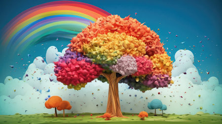 a tree with a rainbow in the sky and cloudsの素材