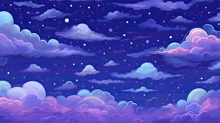 Night sky with clouds and stars. Cartoon style.の素材
