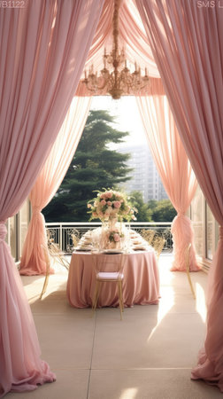Wedding arch with pink curtains and chairs on the terraceの素材