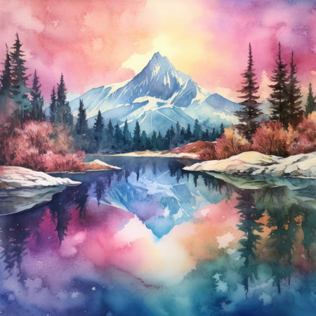 Watercolor mountain and lake with reflection in the water.の素材