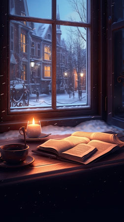 A cup of coffee and a book on the windowsill in winterの素材