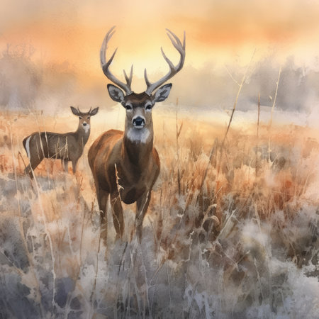 Two whitetail deer standing in the meadow.の素材