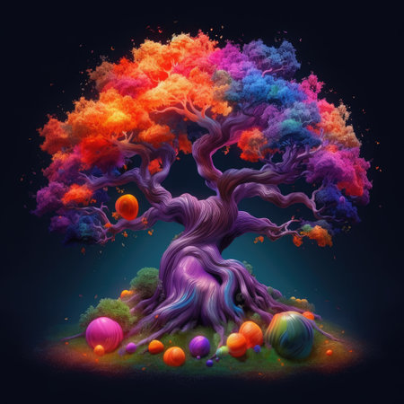 Halloween tree on dark background with pumpkins.の素材