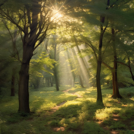 Beautiful forest with sun rays in the morning.の素材