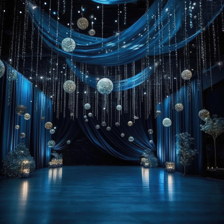 Christmas interior with blue curtains and christmas balls.の素材