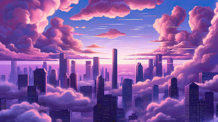 Fantasy cityscape with skyscrapers and clouds.の素材