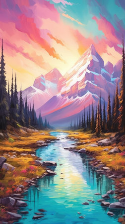 Mountain landscape with a river and forest at sunset.の素材