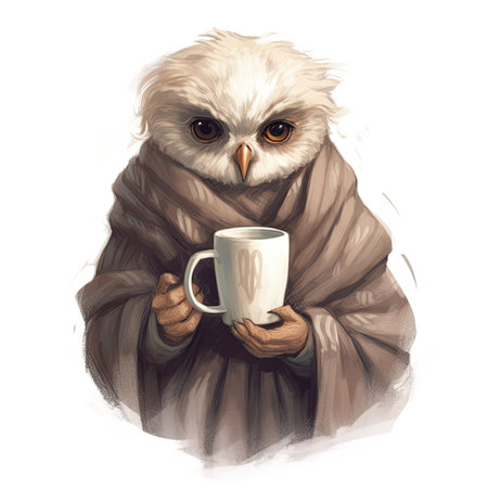 Owl with a cup of coffee in his hands.の素材