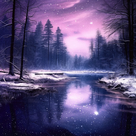 Winter landscape with frozen river and forest at night.の素材