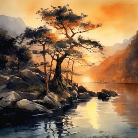 Watercolor pine trees on the shore of the lake.の素材