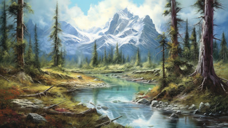 a mountain landscape with a river and a coniferous forestの素材